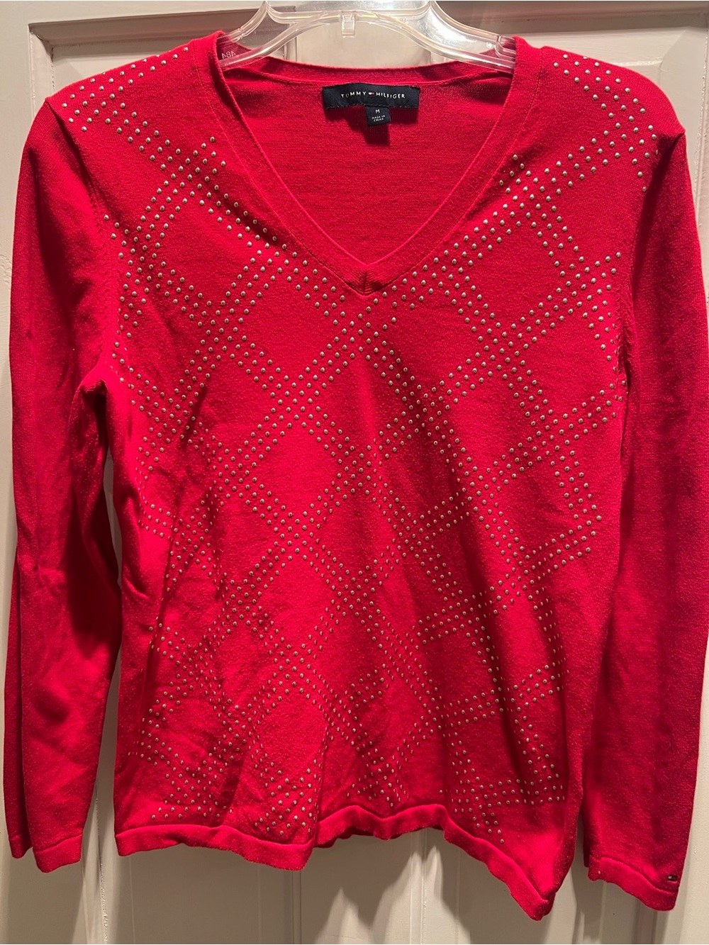 Tommy Hilfiger Red V-Neck Studded Diamond-Pattern Sweater Size Medium